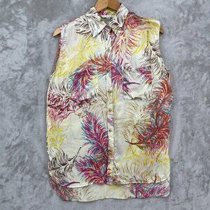CAbi 100% Silk Sleeveless Feather Print Button Front Blouse Top